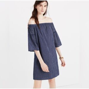 Madewell Off The Shoulder Pin Stripe Bell Sleeve Dress Size 4 Blue Minimal